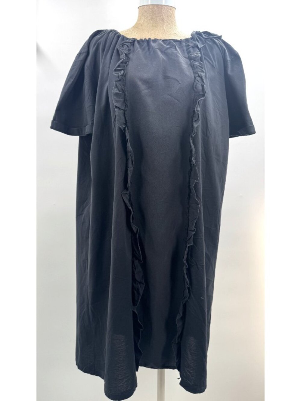 Vintage 90s Y2K Prada Milano Black Minimalist Shirt Swing Dress Lace Ruffles L
